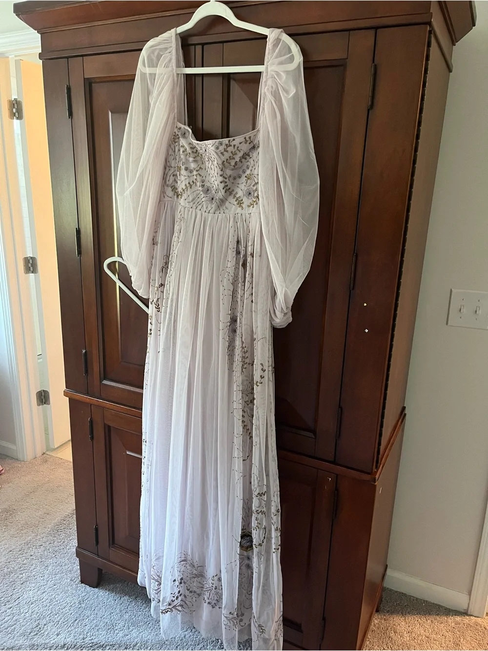 Anthropologie Dusty Rose Floral Embroidered Puff-Sleeve Gown - Picture 3 of 7